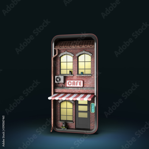 cafe in the phone screen concept of online ordering food viewing the menu from home 3d render