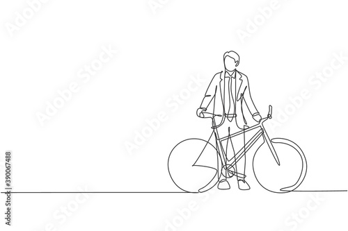 One single line drawing of young happy professional startup employee man ride bicycle to the coworking space vector illustration. Healthy commuter lifestyle concept. Modern continuous line draw design