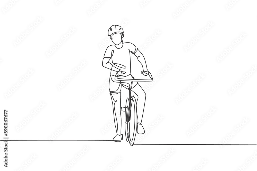 Single continuous line drawing of young agile man cyclist pose confidently at cycling event. Sport lifestyle concept. Trendy one line draw design vector illustration for cycling race promotion media