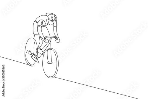One single line drawing of young energetic man bicycle racer focus to chase after rival vector illustration. Racing cyclist concept. Modern continuous line draw design for cycling tournament banner