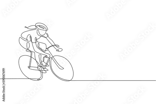 One continuous line drawing young sporty woman bicycle racer pedaling her bike so fast. Road cyclist concept. Dynamic single line draw design vector illustration graphic for cycling competition poster