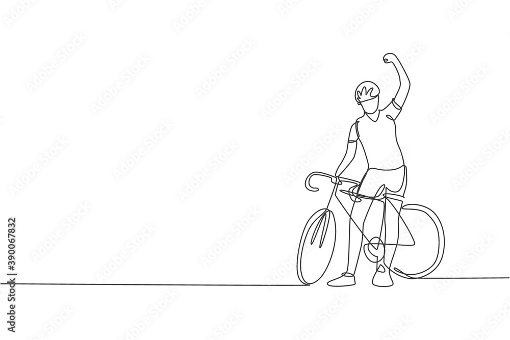 One single line drawing of young energetic man bicycle racer raise hand after finish race. Racing cyclist concept vector illustration. Modern continuous line draw design for cycling tournament banner One single line drawing of young energetic man bicycle racer raise hand after finish race. Racing cyclist concept vector illustration. Modern continuous line draw design for cycling tournament banner