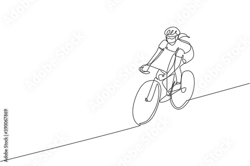 One continuous line drawing of young sporty woman bicycle racer focus train her skill at cycling track. Road cyclist concept. Single line draw design vector illustration for cycling competition poster