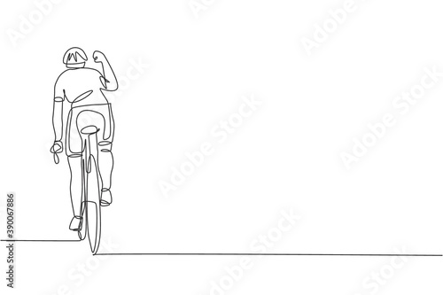 One continuous line drawing of young sporty man bicycle racer raise his hand to celebrate the finish. Road cyclist concept. Single line draw design vector illustration for cycling competition poster