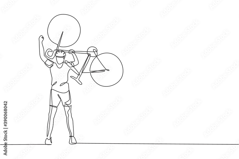 One continuous line drawing of young sporty man bicycle racer lift his bicycle up to celebrate winning. Road cyclist concept. Single line draw design vector illustration for cycling competition poster One continuous line drawing of young sporty man bicycle racer lift his bicycle up to celebrate winning. Road cyclist concept. Single line draw design vector illustration for cycling competition poster