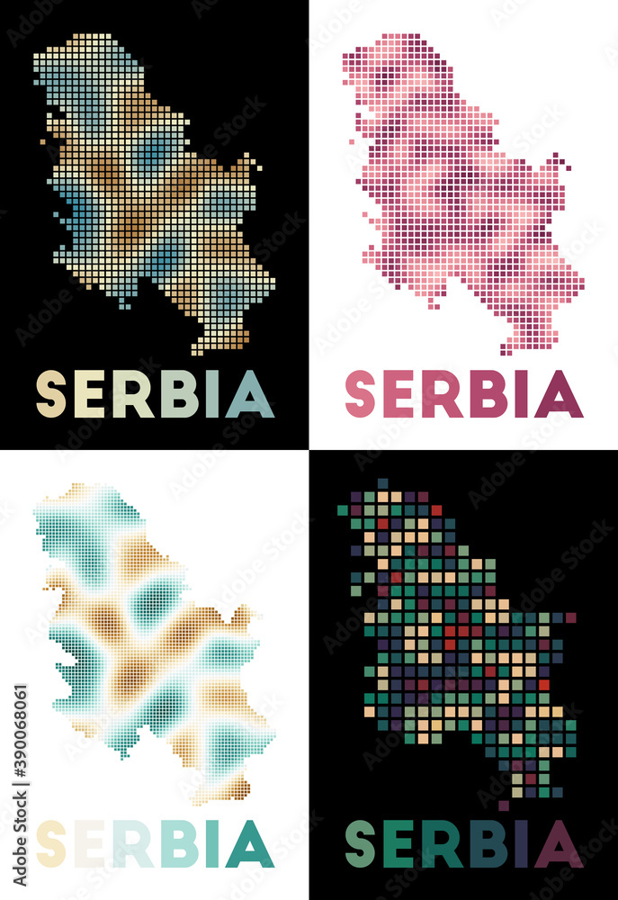 Serbia map. Collection of map of Serbia in dotted style. Borders of the country filled with rectangles for your design. Vector illustration.