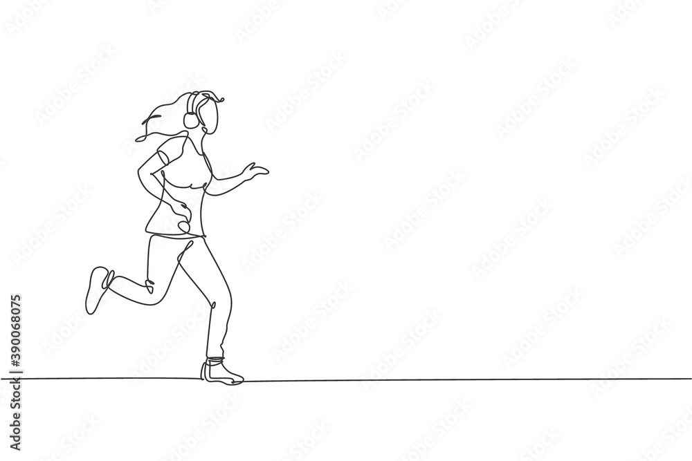One single line drawing young happy runner woman run relax while listening music with headphone vector illustration graphic. Healthy lifestyle and fun sport concept. Modern continuous line draw design One single line drawing young happy runner woman run relax while listening music with headphone vector illustration graphic. Healthy lifestyle and fun sport concept. Modern continuous line draw design