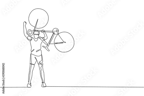 One continuous line drawing of young sporty man bicycle racer lift his bicycle up to celebrate winning. Road cyclist concept. Single line draw design vector illustration for cycling competition poster
