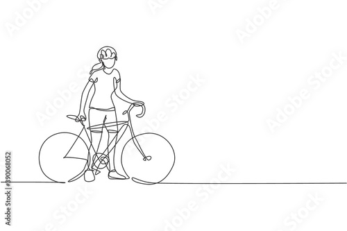 One continuous line drawing of young sporty woman bicycle racer wait for her friend at road side. Road cyclist concept. Dynamic single line draw design vector illustration for cycling sport poster