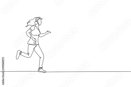 One single line drawing young happy runner woman run relax while listening music with headphone vector illustration graphic. Healthy lifestyle and fun sport concept. Modern continuous line draw design