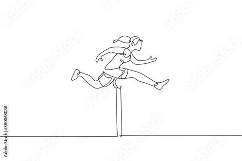 Single continuous line drawing of young happy health runner woman jump running through hurdle barrier at run track. Sport and healthy lifestyle concept. Trendy one line draw design vector illustration