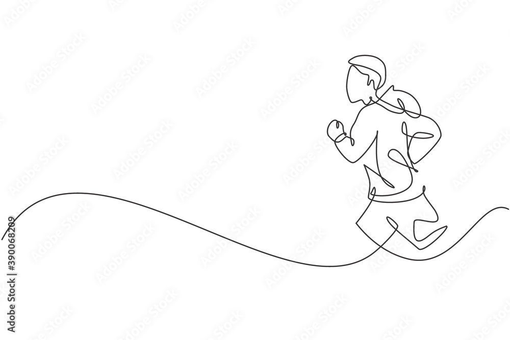 One single line drawing of young happy runner man exercise to improve stamina vector illustration graphic. Healthy lifestyle and competitive sport concept. Modern continuous line draw design One single line drawing of young happy runner man exercise to improve stamina vector illustration graphic. Healthy lifestyle and competitive sport concept. Modern continuous line draw design