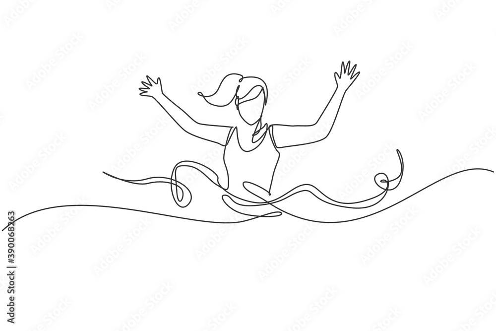 One single line drawing of young happy runner woman pass finish line and hit ribbon vector graphic illustration. Healthy lifestyle and competitive sport concept. Modern continuous line draw design One single line drawing of young happy runner woman pass finish line and hit ribbon vector graphic illustration. Healthy lifestyle and competitive sport concept. Modern continuous line draw design