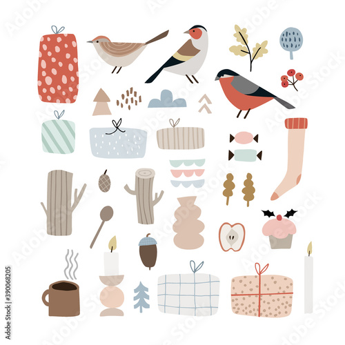 Set of cute Christmas birds and decorative icons. Bullfing and golden finch with florals, leaves and gift boxes.Cup of coffe , cupcake and sock. Modern flat design. Isolated vector illustrations.