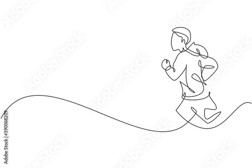 One single line drawing of young happy runner man exercise to improve stamina vector illustration graphic. Healthy lifestyle and competitive sport concept. Modern continuous line draw design