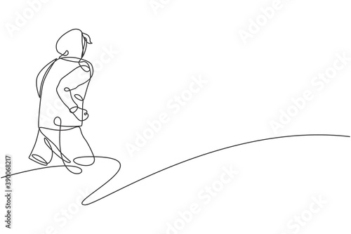 One continuous line drawing of young sporty runner man relax running at countryside. Healthy lifestyle and fun jogging sport concept. Dynamic single line draw design graphic vector illustration