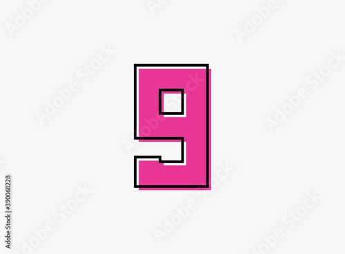 9 font number made of black frame outline shadow of font pink color. Vector illustration for logo, design element, poster etc.