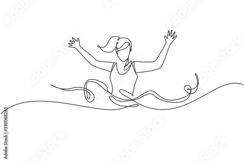 One single line drawing of young happy runner woman pass finish line and hit ribbon vector graphic illustration. Healthy lifestyle and competitive sport concept. Modern continuous line draw design