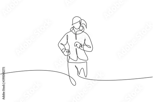 One continuous line drawing of young sporty runner woman relax running at countryside. Healthy lifestyle and fun jogging sport concept. Dynamic single line draw design vector illustration graphic