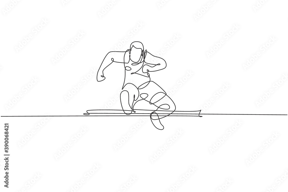 Single continuous line drawing of young happy health runner man jump  running pass hurdle at run track. Fun sport jogging and healthy lifestyle  concept. Trendy one line draw design vector illustration Stock