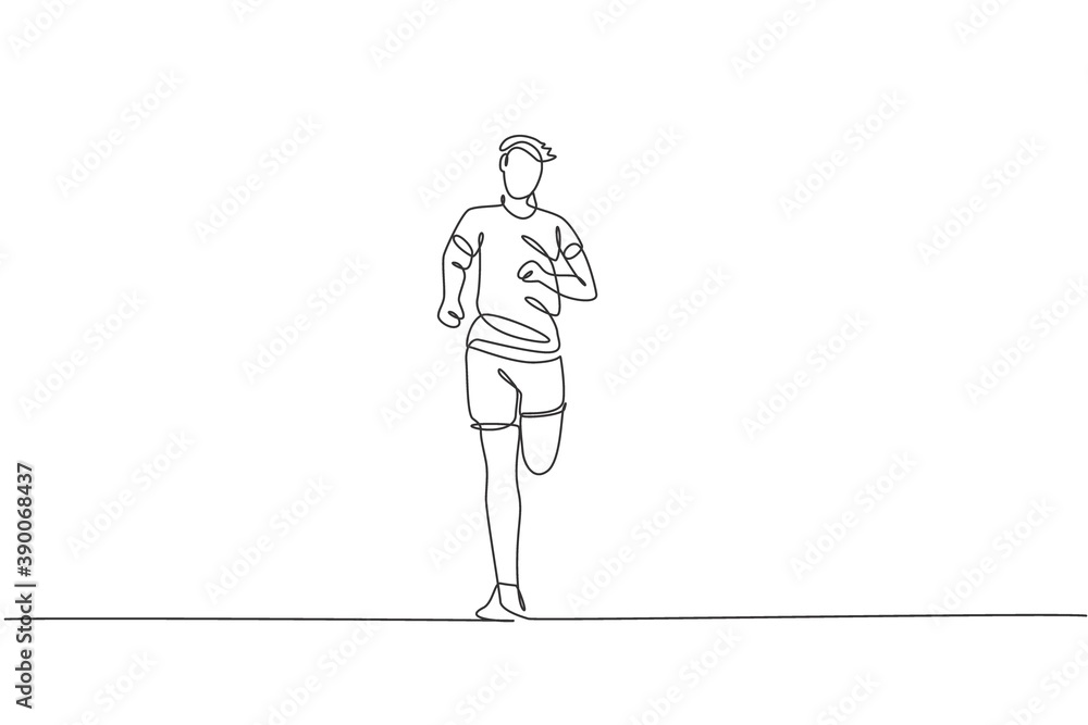 Single continuous line drawing of young happy health runner man