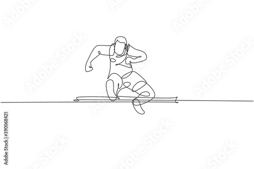 Single continuous line drawing of young happy health runner man jump running pass hurdle at run track. Fun sport jogging and healthy lifestyle concept. Trendy one line draw design vector illustration