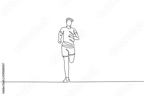 Single continuous line drawing of young happy health runner man running at run track. Fun sport jogging and healthy lifestyle art concept. Trendy one line draw design graphic vector illustration