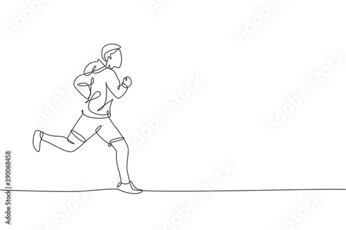 One single line drawing of young happy runner man wearing hoodie exercise to improve stamina vector illustration. Healthy lifestyle and competitive sport concept. Modern continuous line draw design © Simple Line
