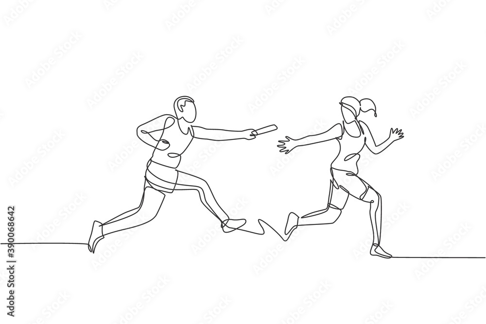 Fototapeta premium One continuous line drawing of young sporty runner man pass baton stick to his team mate. Healthy lifestyle and fun jogging sport concept. Dynamic single line draw design graphic vector illustration