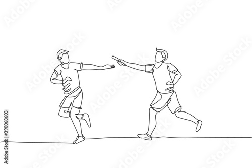 One single line drawing young happy runner man pass baton stick to his teammate at race vector graphic illustration. Healthy lifestyle and competitive sport concept. Modern continuous line draw design
