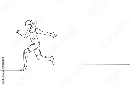 One single line drawing of young happy runner woman exercise to receive baton stick graphic vector illustration. Healthy lifestyle and competitive sport concept. Modern continuous line draw design