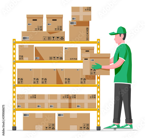 Warehouse shelves with goods, mover and container package boxes. Pile cardboard boxes set. Carton delivery packaging open and closed box with fragile signs. Vector illustration in flat style