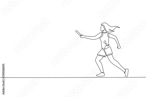 One continuous line drawing of young sporty runner woman try to pass baton stick to her teammate. Healthy lifestyle and fun jogging sport concept. Dynamic single line draw design vector illustration