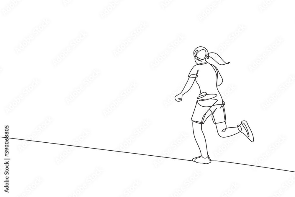 Single continuous line drawing of young agile woman runner run relax to fulfill leisure time. Healthy sport action concept. Trendy one line draw design vector illustration for running race promotion