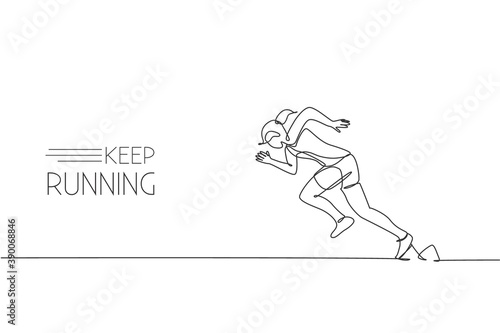 Single continuous line drawing of young agile woman runner focus practicing to run fast. Healthy lifestyle concept. Trendy one line draw design vector graphic illustration for running race promotion