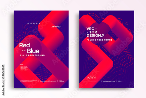 Pipelines abstract poster design template in duotone gradients. Cover design with red and blue fluid color shapes composition. 