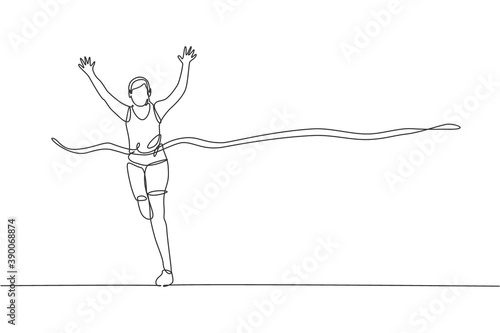 One continuous line drawing of young sporty man runner crosses the finish line. Health activity sport concept. Dynamic single line draw design vector illustration for running event promotion poster