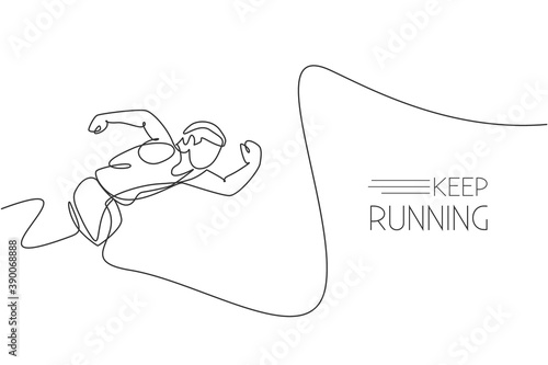 One continuous line drawing of young sporty man runner focus to sprint run fast. Health activity sport concept. Dynamic single line draw design vector illustration for running event promotion poster