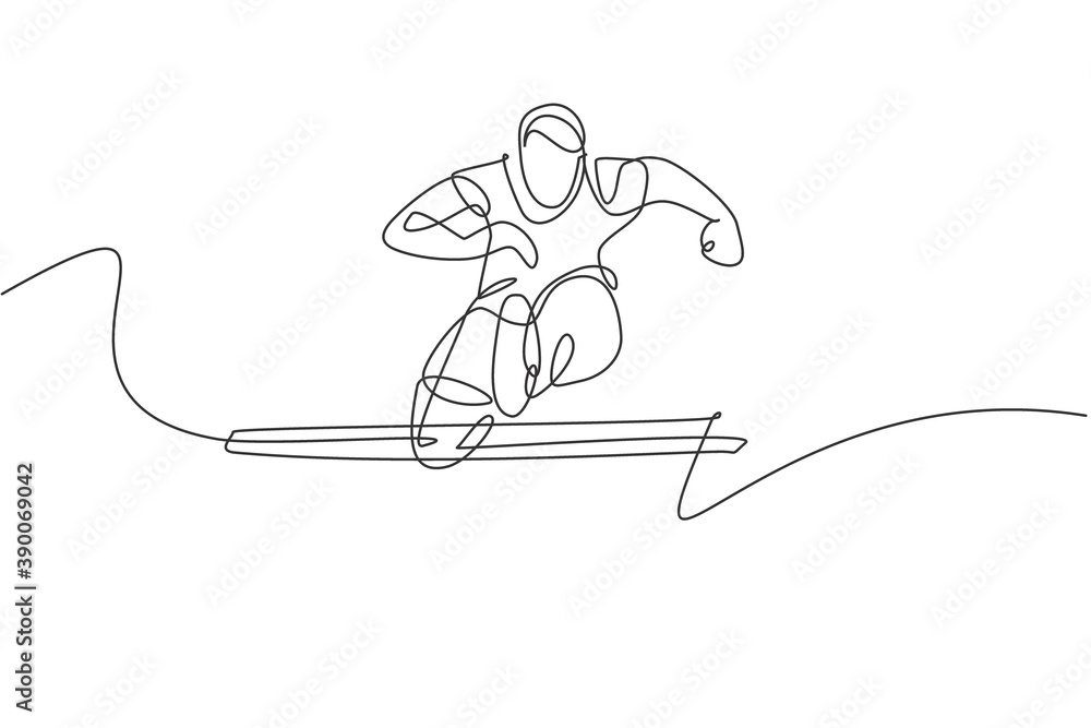 One continuous line drawing of young sporty man runner jumping obstacle while run. Health activity sport concept. Dynamic single line draw design vector illustration for running event promotion poster One continuous line drawing of young sporty man runner jumping obstacle while run. Health activity sport concept. Dynamic single line draw design vector illustration for running event promotion poster
