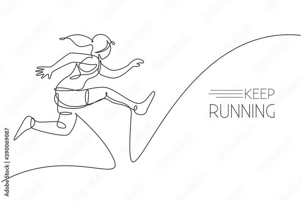 One single line drawing of young energetic woman runner practicing to jump while run vector illustration. Healthy sport training concept. Modern continuous line draw design for running race banner One single line drawing of young energetic woman runner practicing to jump while run vector illustration. Healthy sport training concept. Modern continuous line draw design for running race banner