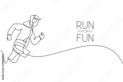 One continuous line drawing young sporty man runner focus run while listening music. Health activity sport concept. Dynamic single line draw design vector graphic illustration for running event poster