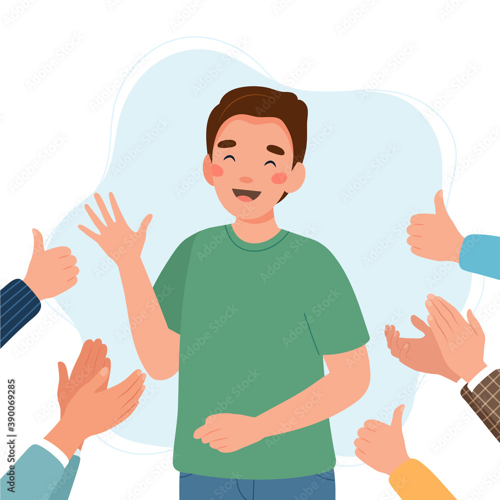 Happy young man surrounded by hands with thumbs up and applauding. Success and social approval and acceptance concept Happy young man surrounded by hands with thumbs up and applauding. Success and social approval and acceptance concept