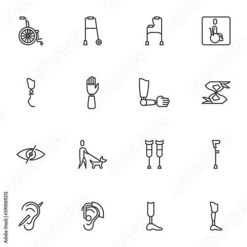 Prosthetic technology line icons set, outline vector symbol collection, linear style pictogram pack. Signs, logo illustration. Set includes icons as disability walker, wheelchair, crutches, hearing