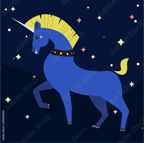 Punk unicorn on dark background. T-shirt vector illustration. Rock. Vector