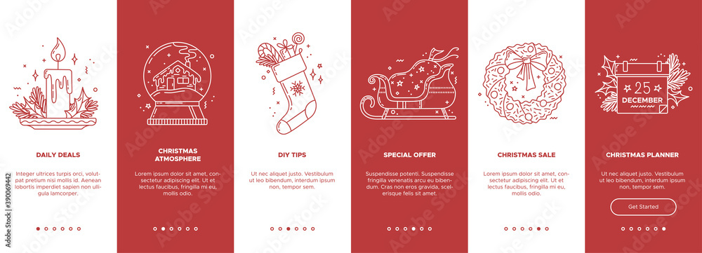 Vector Christmas onboarding screen templates. New Year mobile app linear concept. UX, UI, GUI template with outline icons. Editable stroke. Special offers, Christmas sale, planner, daily deals