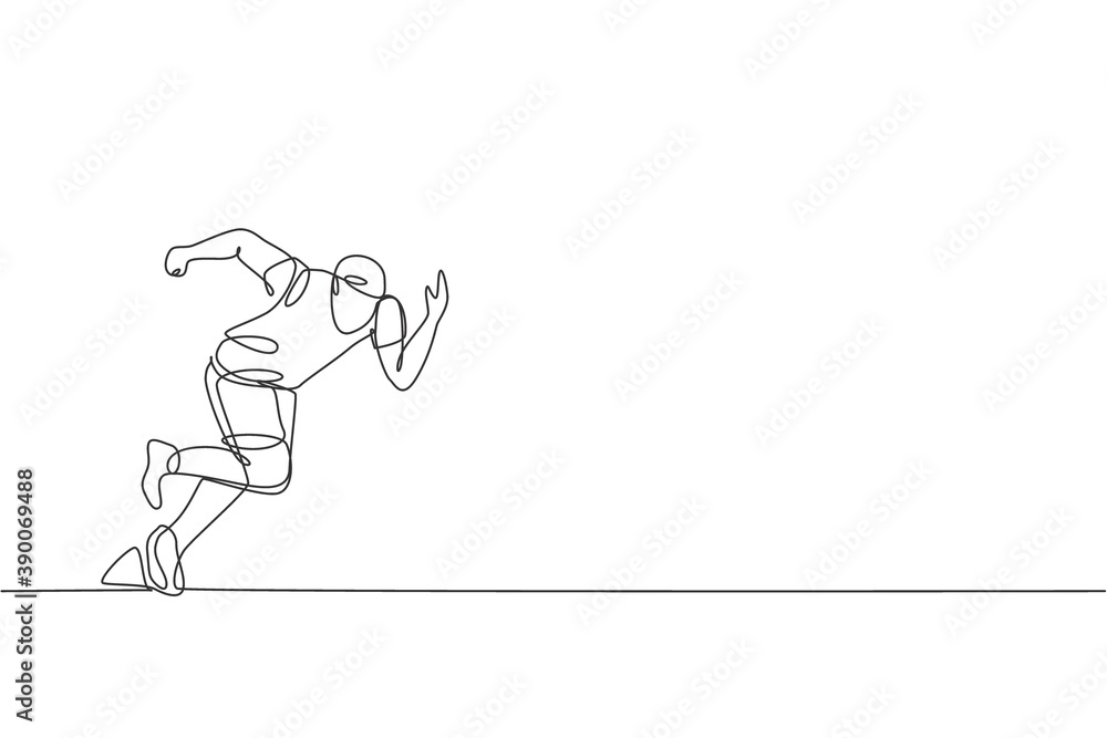 One continuous line drawing of young sporty man runner focus training to run fast. Health activity sport concept. Dynamic single line draw design vector illustration for running event promotion poster