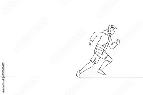 One single line drawing of young energetic man runner run relax while listening music vector illustration. Health sport training concept. Modern continuous line draw design for running campaign banner