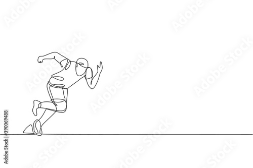 One continuous line drawing of young sporty man runner focus training to run fast. Health activity sport concept. Dynamic single line draw design vector illustration for running event promotion poster