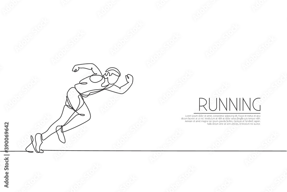 Fototapeta premium One continuous line drawing of young sporty man runner focus to run fast at track. Health activity sport concept. Dynamic single line draw design vector illustration for running event promotion poster