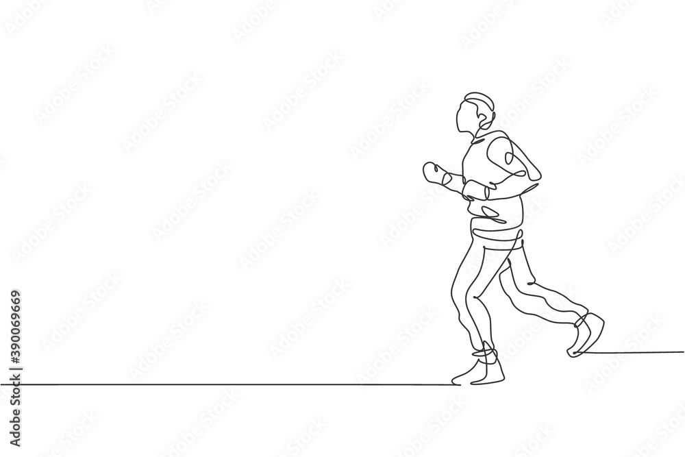 One single line drawing of young energetic man runner run relax at the morning vector illustration graphic. Healthy sport training concept. Modern continuous line draw design for running race banner One single line drawing of young energetic man runner run relax at the morning vector illustration graphic. Healthy sport training concept. Modern continuous line draw design for running race banner